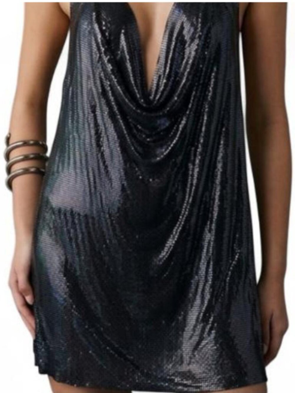Topshop women' BLACK Mini Dress Metal Sequence Halter Dress Size 2 Open Back NEW